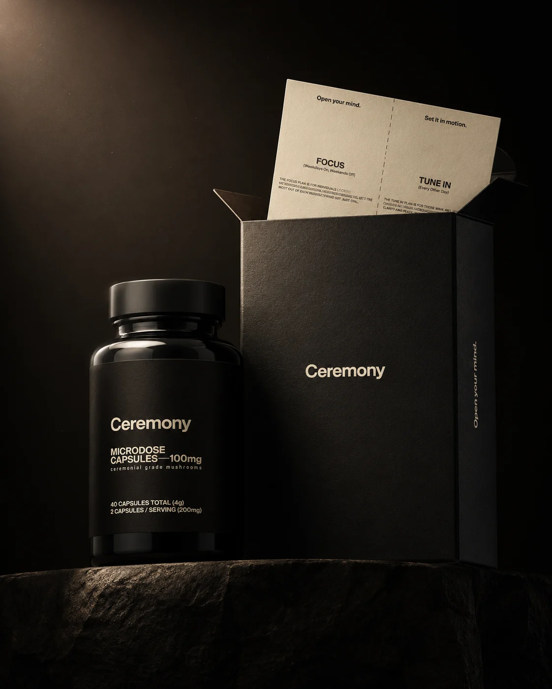 Ceremony Focus — microdose mushroom capsules, black bottle and presentation box